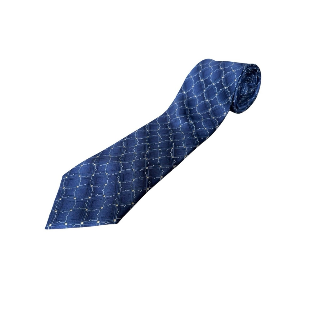 COVINGTON 100% Silk Quatrefoil‎ Tie Men's Blue Black White Gold Necktie Floral